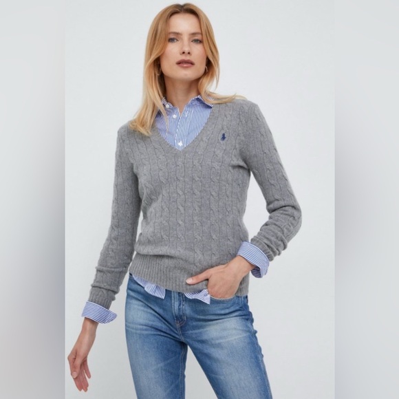 Ralph Lauren Merino Wool Crewneck Grey Sweater V-neck Cable-Knit - Picture 16 of 16